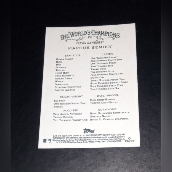 Marcus Semien Topps Allen & Ginter 2022 #198 - Picture 2 of 2